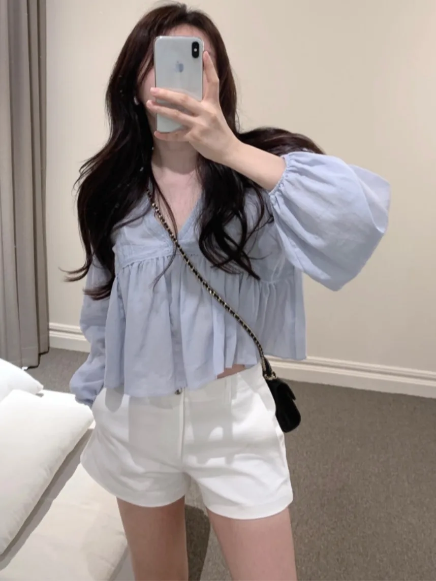 Chic Autumn Fre Gentle V-ne Lace Splicing Design Loose Long Sve ort Sle Women's Chiffon irt Faionable Commute