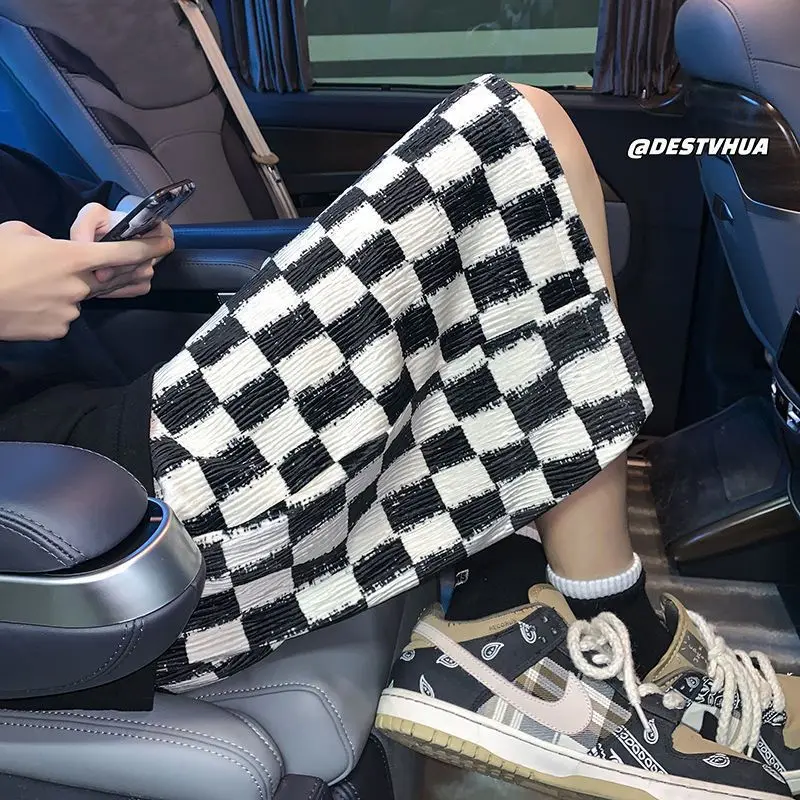 

Мужские летние свободные шорты из ледяного шелка в клетку, повседневные баскетбольные брюки до колена, большие размеры, модные брендовые пляжные шорты из полиэстера