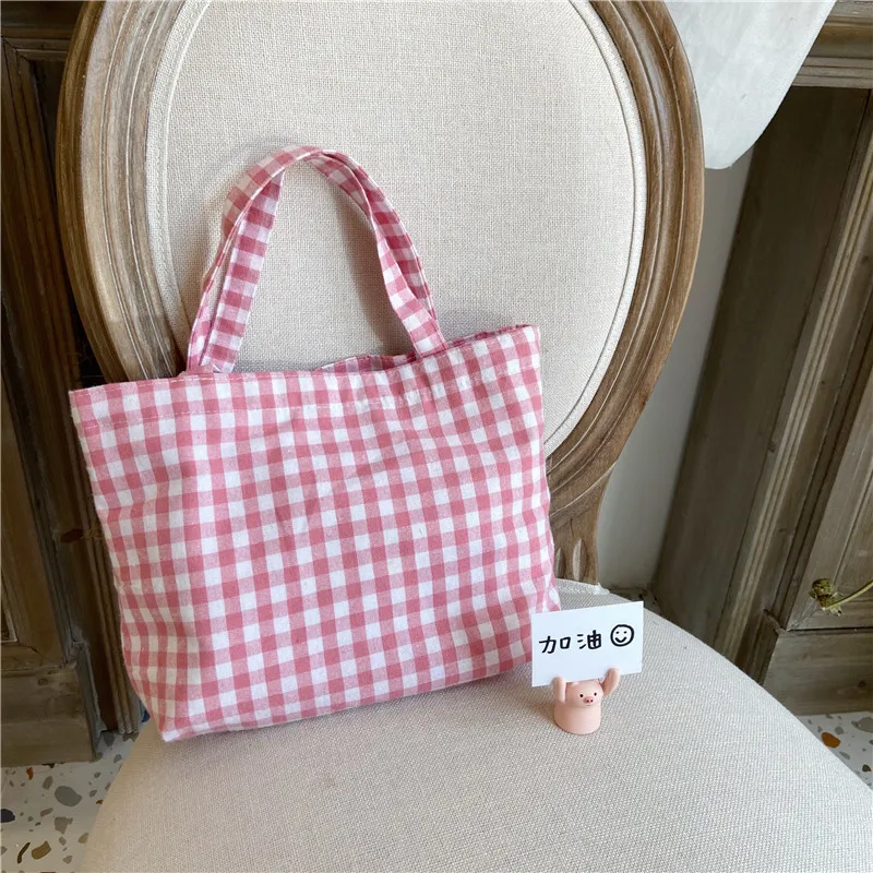 Cotton Women\'s Fabric Handbags Vintage Plaid Female Shopper Shopping Bag Casual Ladies Small Tote Bags Portable Lunch Bento Bag