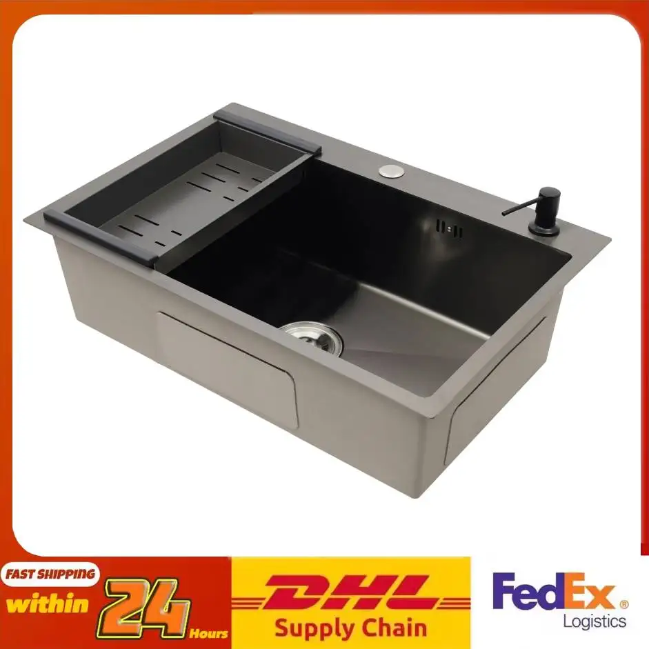 

Stainless Steel Kitchen Sink with Draining Basket Soap Dispenser Utility Sink and Drainer with Efficient for Home Kitchen
