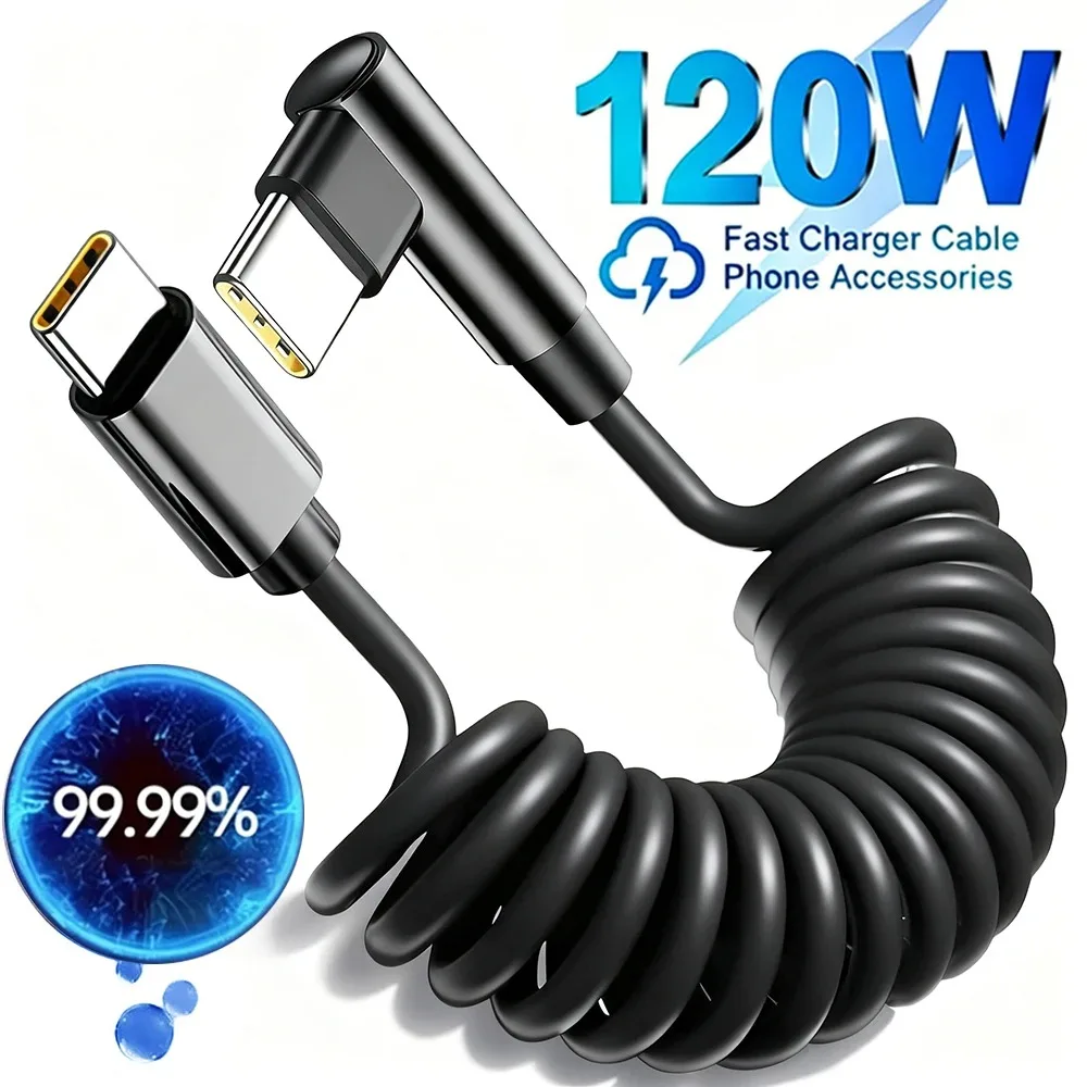 Coiled USB-C Charger Cable Type C To C 90 Degree Right Angle Wire 120W Quick Charging Data Line for iPhone 17 Samsung Carplay