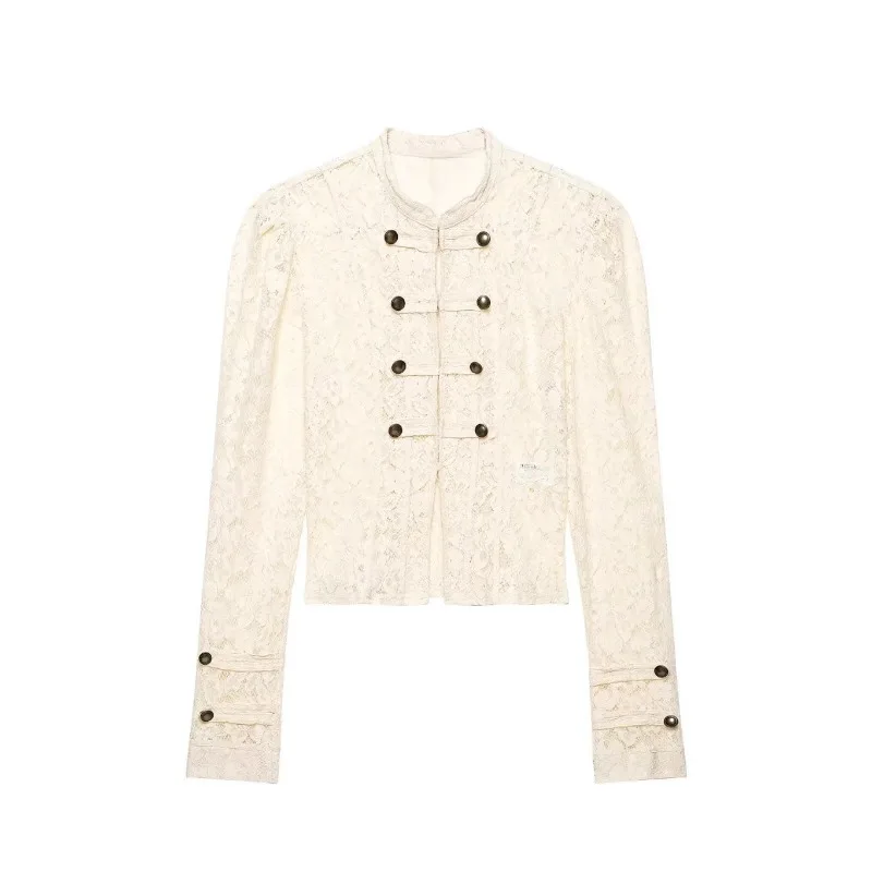 2026French Vintage Floral Lace Cropped Jacket Mandarin Collar Frog Knot Buttons Puff Long Sleeve Slim Retro Outerwear for Women