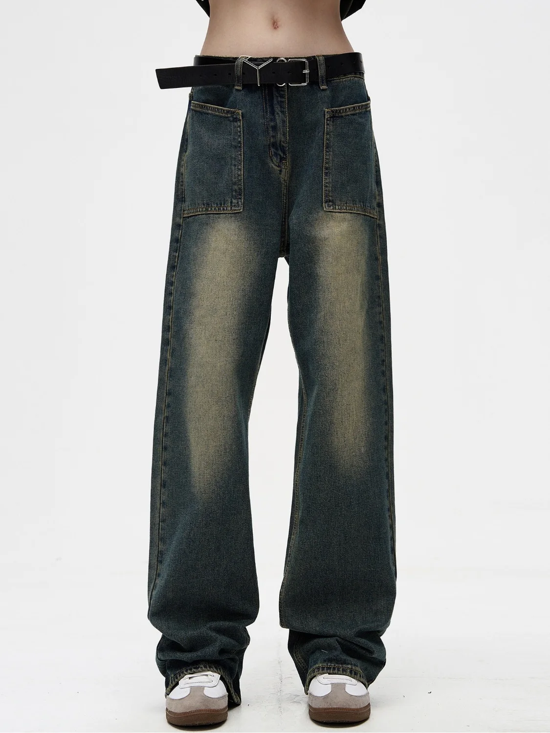 

American Design Vintage Pocketed Loose Straight Leg Deep Blue Jeans Casual Long Trousers for Men Trendy Youth Fashion
