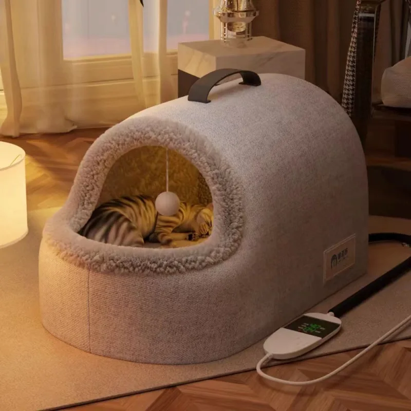 Heating Cat Bed Winter Warm Cat Bed Semi-enclosed Soft Portable Non-slip Cats Beds Wear-resistant Windproof Indoor Pet House