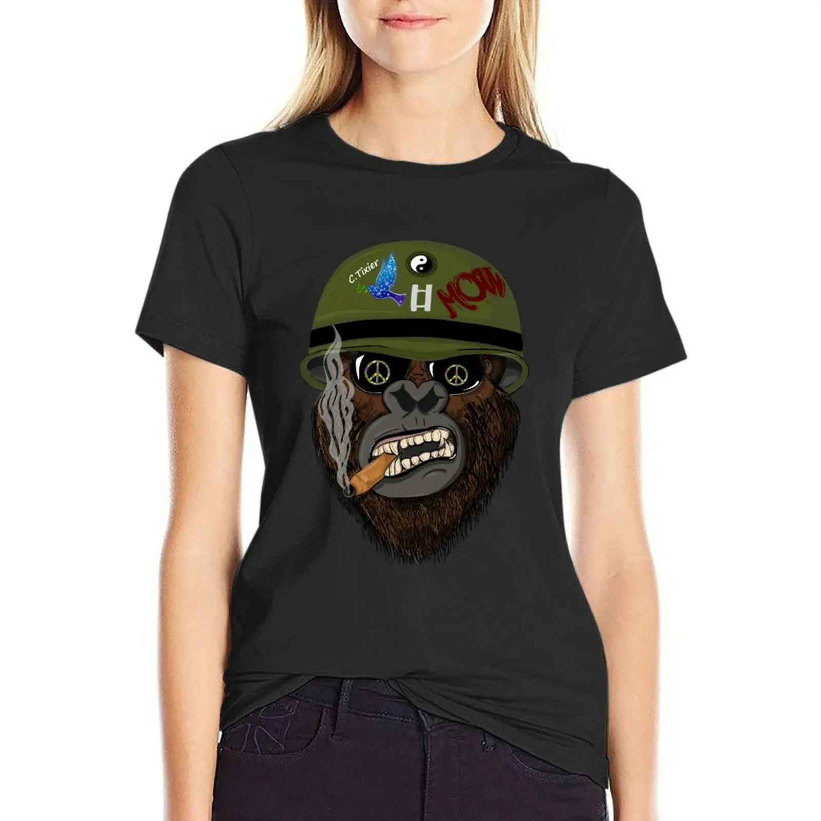 Drunken Monket Style Digital Art T-Shirt tops Short sleeve tee animal print shirt for girls black t-shirts for Women
