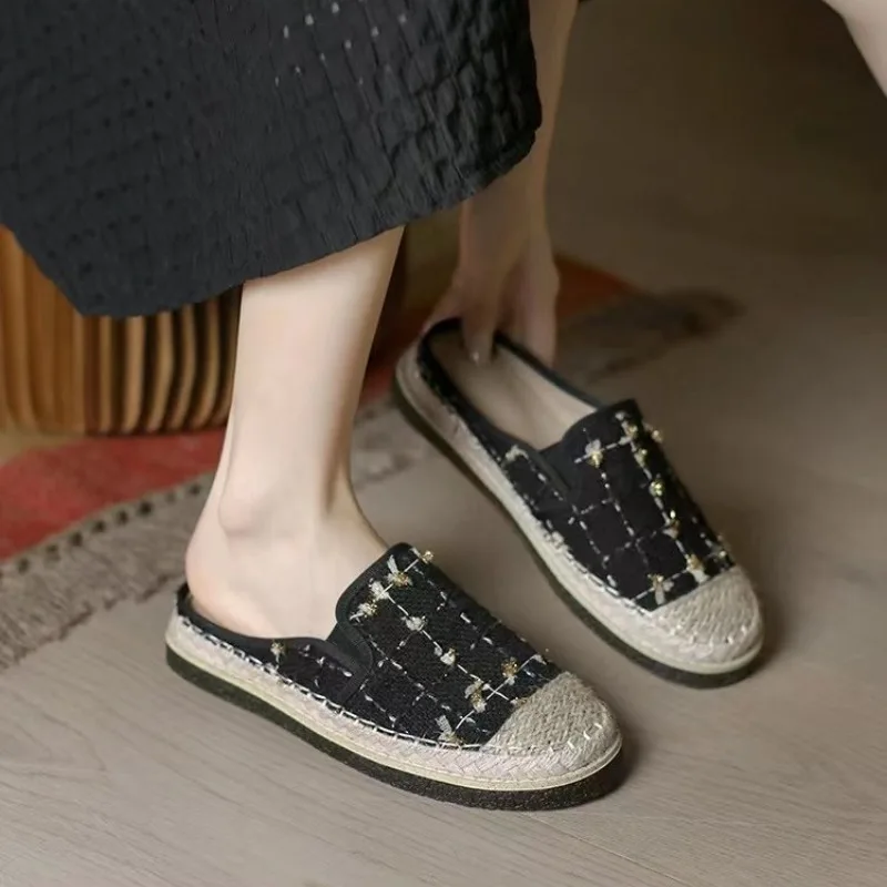 Women Slippers New Summer Fashionable Espadrille Knitted Mixed Color Women Fisherman Comfortable Thick Soled Mule Slippers