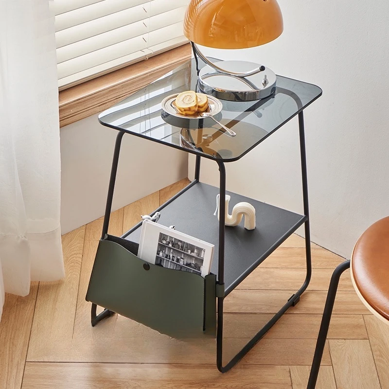 Simple Sofa Side Table Small Apartment Coffee Table Desk Mini Square Bedside Table Storage Rack Metal Glass Corner