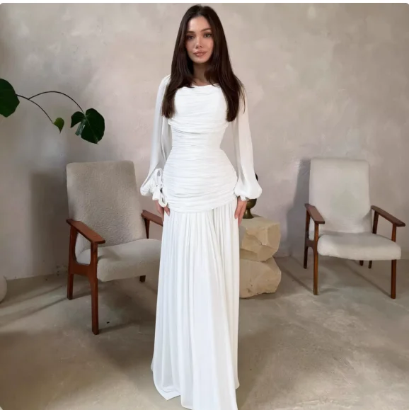 2026 Elegante damesjurk met drapering, effen, lang, O-hals, lange mouwen, taille, casual, feest- en avondjurk