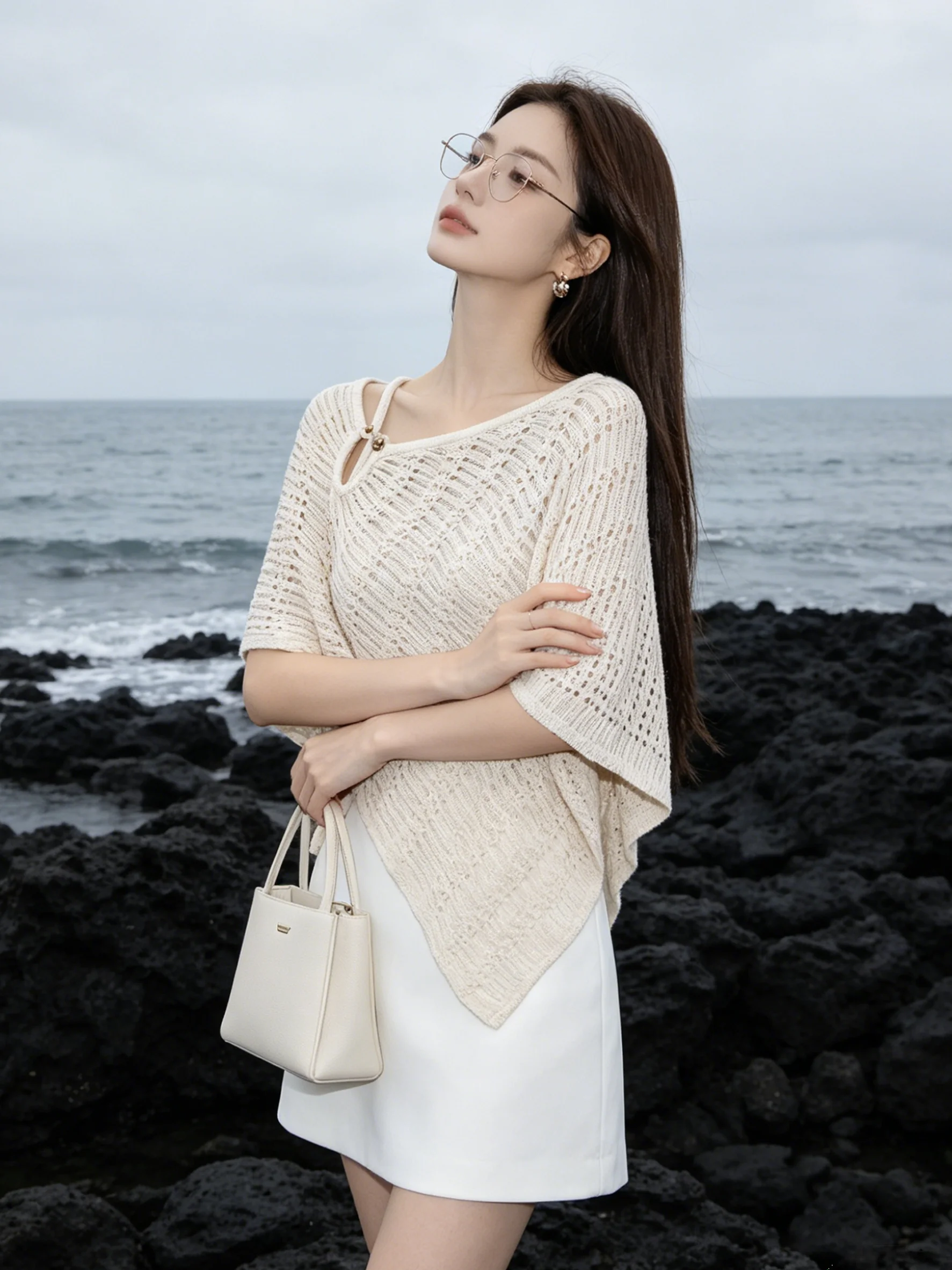 

Elegant Korean Style Hollow out Design Knitted Shoulder Wrap Two Piece Set Casual Short Sleeveless Breathable Lightweight Sum...