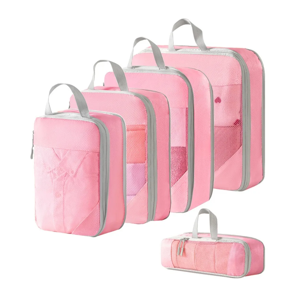 

5Pcs 5 in 1 Set Waterproof Travel Organizer Bag Compression Foldable Luggage Organizer Packing Cubes Mesh Surface with Handle