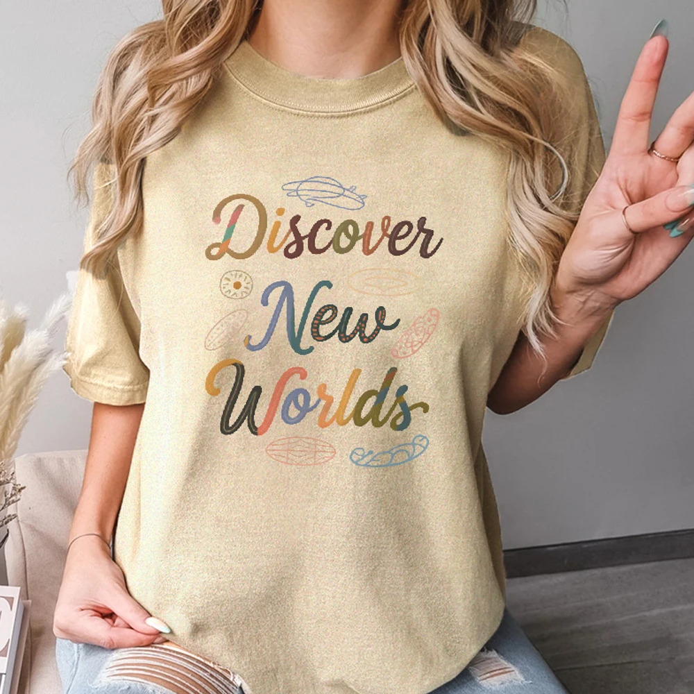

Y2K Women‘s Clothes Cotton Casual T-Shirt Discover New Worlds Crew Neck Graphic Tees Street Wear Colorful Cute Cartoon