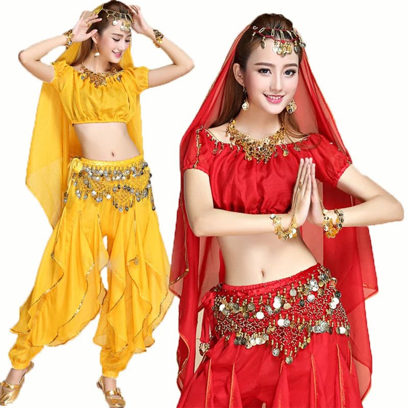 Nuevo conjunto de ropa de danza del vientre, vestido de actuación, danza india, conjunto de práctica de danza étnica, traje de pantalones giratorios de manga corta para mujer