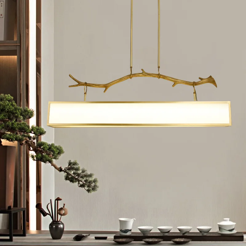 

All Copper New Chinese Restaurant Pendant Lamp Rectangular Living Room Study Tea Room Chinese Style Zen Classical Light Luxury