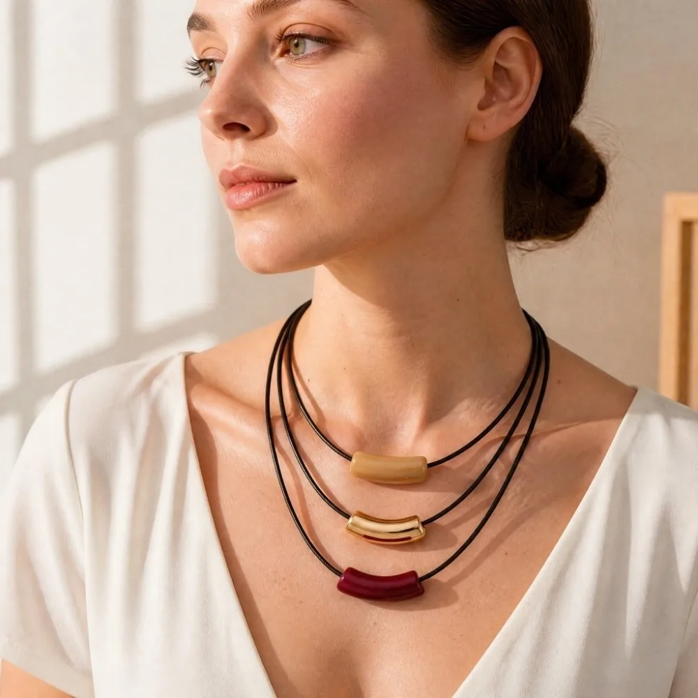 Trendy Curved Tube Multi Layer Necklace Vintage Bohemian Rope Chain Choker Minimalist Stackable Pendant Neck Jewelry For Women