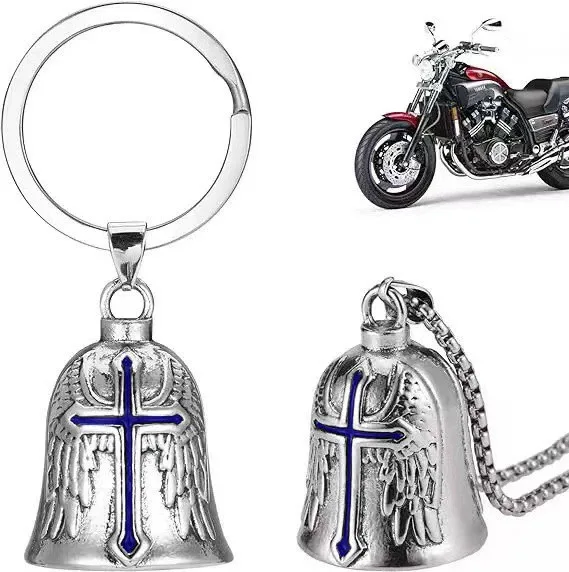Motorcycle Ride Bell Keychain Heart Feather Wings Angel Catholic Cross Bell Key Chain Biker Good Luck on The Road Guardian Gifts