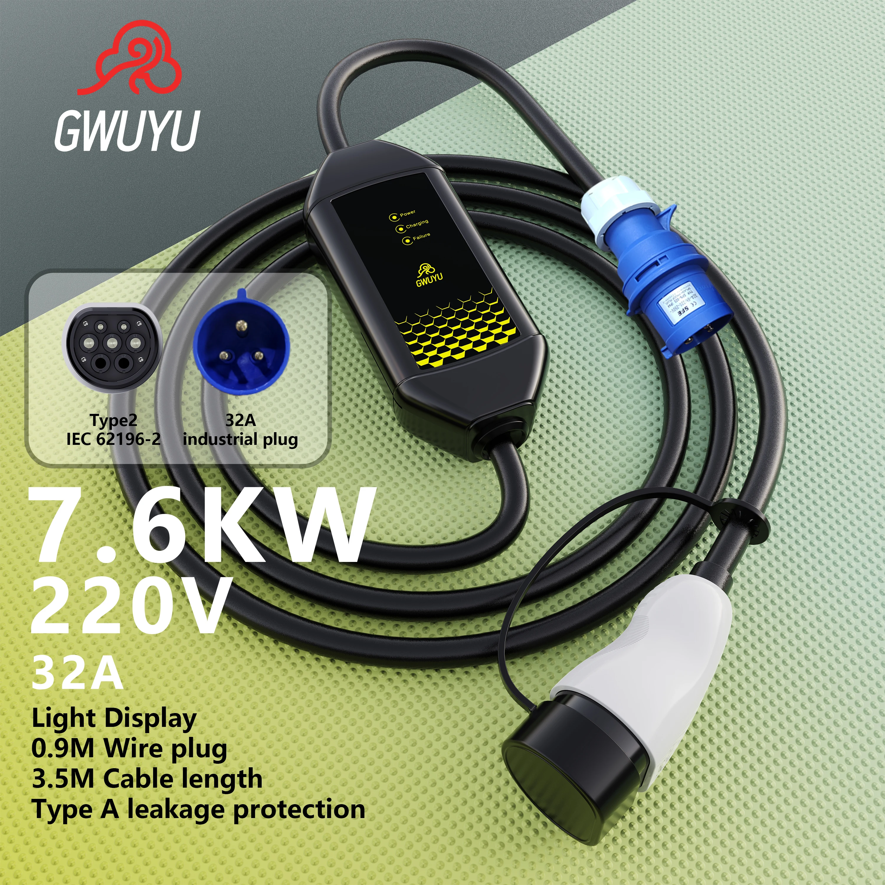 

GWUYU M62 EV Portable Charger Indicator Light 3.5KW 16A 7.6KW 32A 220V Type 2 3.5m Cable Wallbox for Adult Electric Vehicle Car