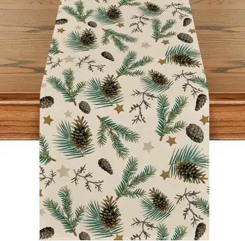 Christmas Pine Cone Leaves Star Table Runner Party Decor Reusable Winter Xmas Pine Needle Table Runners Christmas Decoration