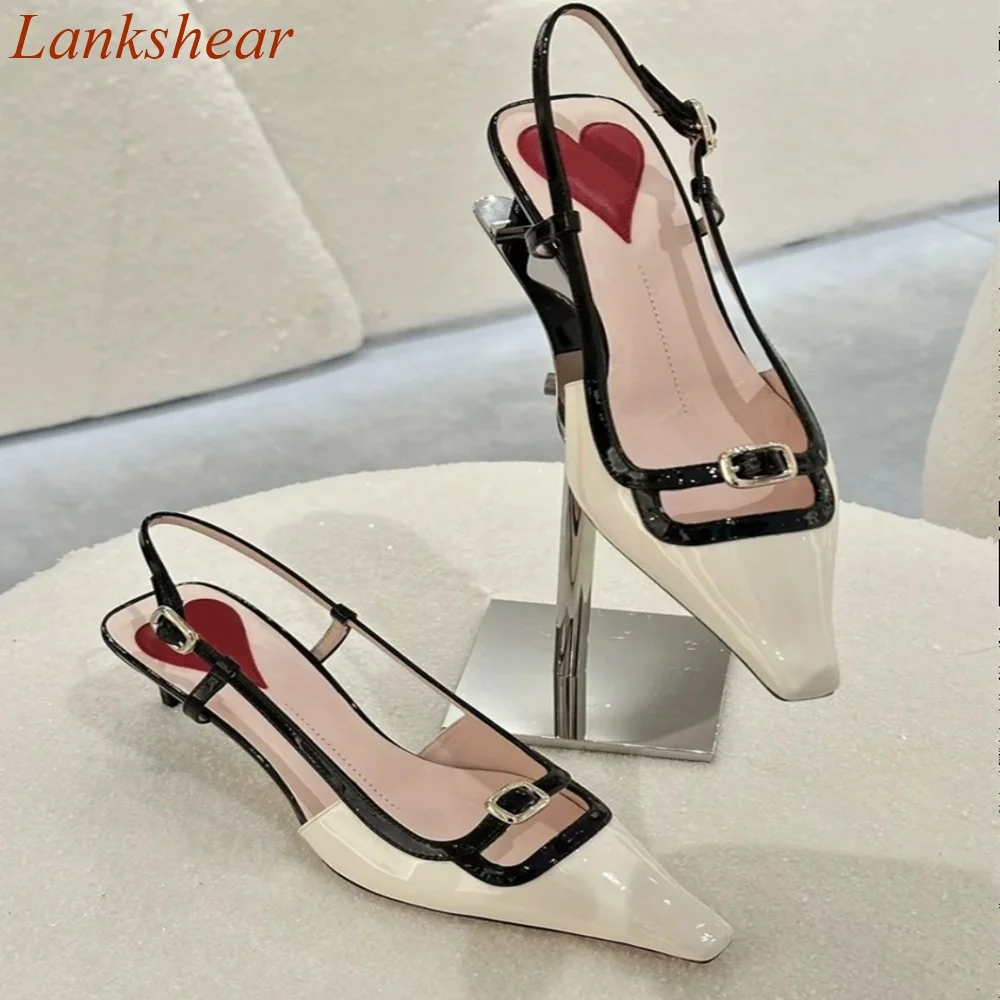 Square Toe Thin Heels Women Pumps Mixed Color Fashion Slingback Buckle Strap Shallow Sexy Party Women Shoes 2024 New Arrivals