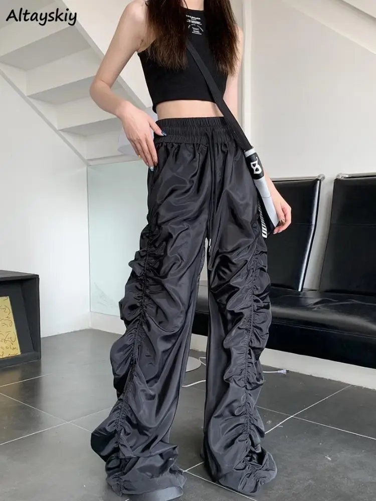 

Casual Pants Women Drawstring Shirring New Design Spring High Street Solid Vintage Cargo Trousers Breathable All-match Trendy