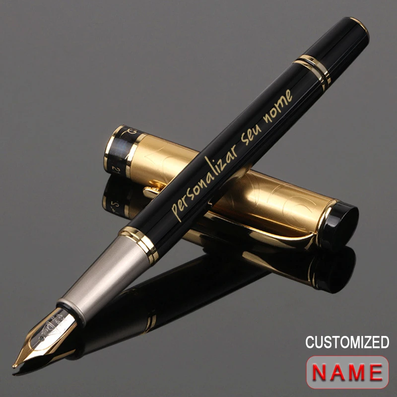 Caneta tinteiro personalizada, texto dourado, material de escritório, itens de volta às aulas, ponta de metal, tinta de escrita, luxo, japonês, preto