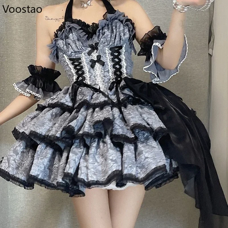 Gothic Lolita JSK Kleid Damen Viktorianisches Vintage elegantes Blumenrüschen Spitze Bandage Minikleider Halloween Mädchen süßes Punkkleid