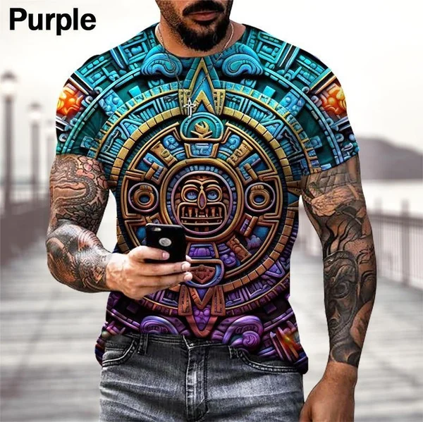 Colorful Cool Printing T-shirt Men's Fashion Aztec Calendar 3D Printing T-shirt Casual Funny Sports T-shirt