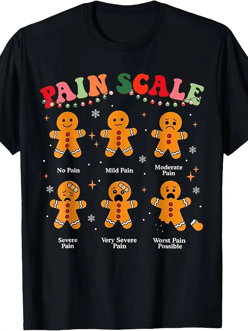 Six Mood Gingerbread Pain Measurement Scale Pattern T Shirt Casual Short Sleeve O Neck Tops For Xmas Gathering Daily Wear