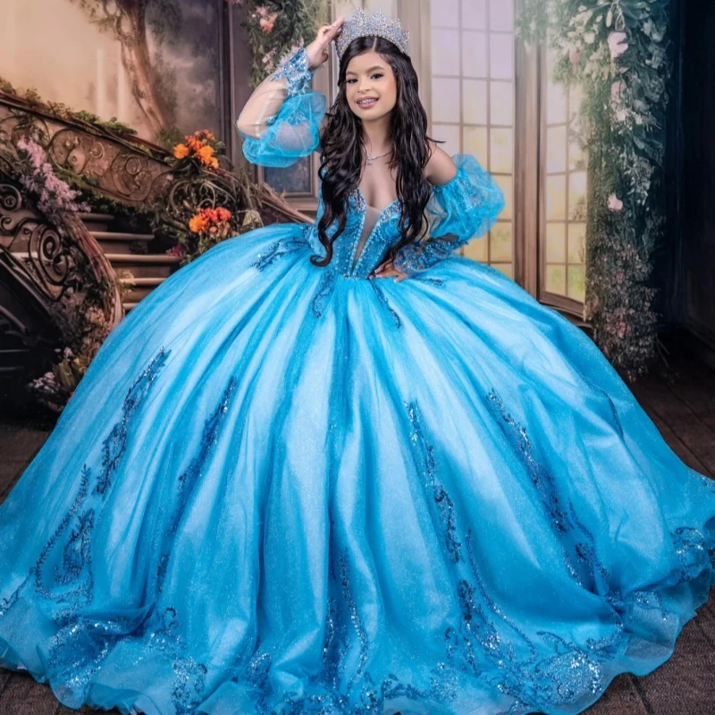 

Синие блестящие платья Quinceanera с открытыми плечами, бальное платье Sweet 16, платье с аппликацией, кружево, бисер, кристалл, бант, тюль, вечеринка по случаю дня рождения