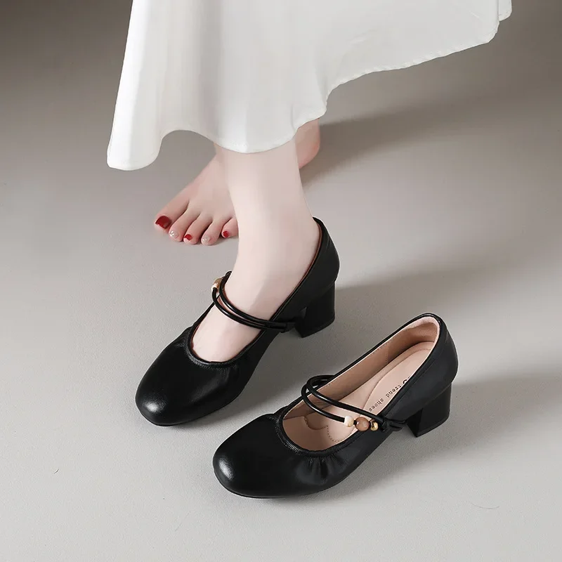 ماري جينس أحذية نسائية 2025 الخريف أحذية من الجلد للتنانير كعب سميك حذا فردي للسيدات حزام من الجلد الناعم عالية الكعب النساء #4