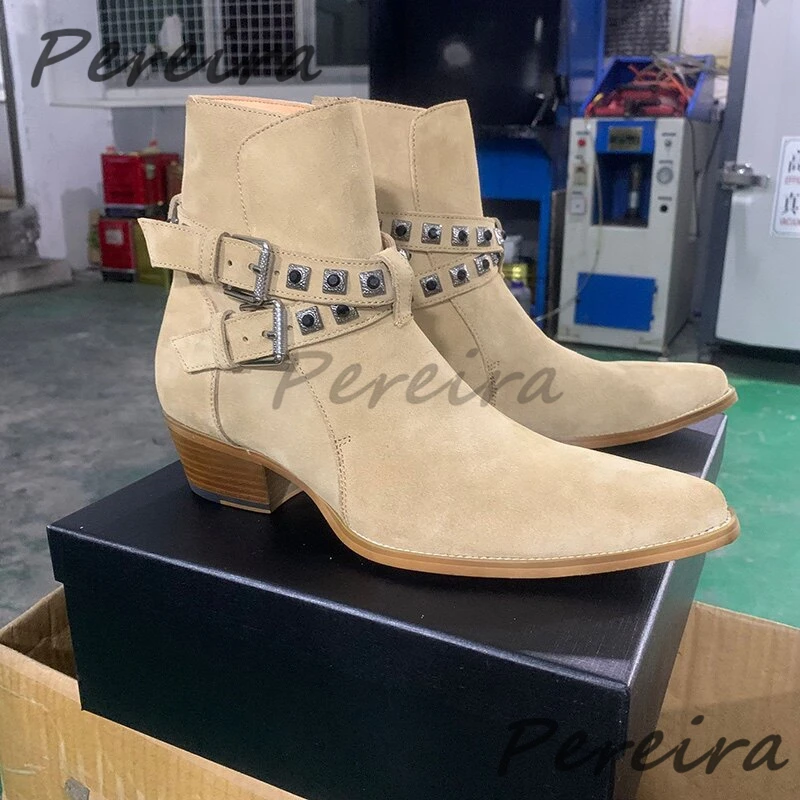 

Spring Autumn New Suede Cowhide Chelsea Boots Trendy Rivet Rhinestone Belt Buckle Solid Ankle Boots Banquet Party Dress Shoes