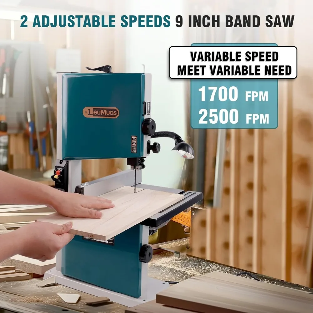 3 Amp 9-Inch Benchtop Band Saw, 2-Speed（1700/2500FPM）with 360° Work Light, Miter Gauge & Rip fence, Steel Base, Band Saws for