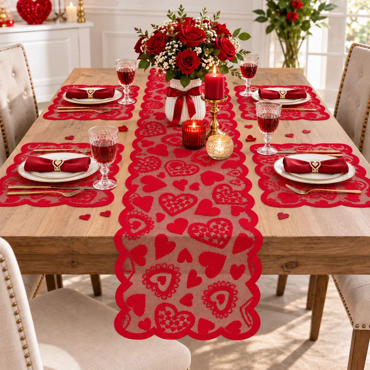 5Pcs Valentine Red Heart Lace Table Runner & Placemat Set, Hollow Lace, Romantic Table Decor for Anniversary & Date Night