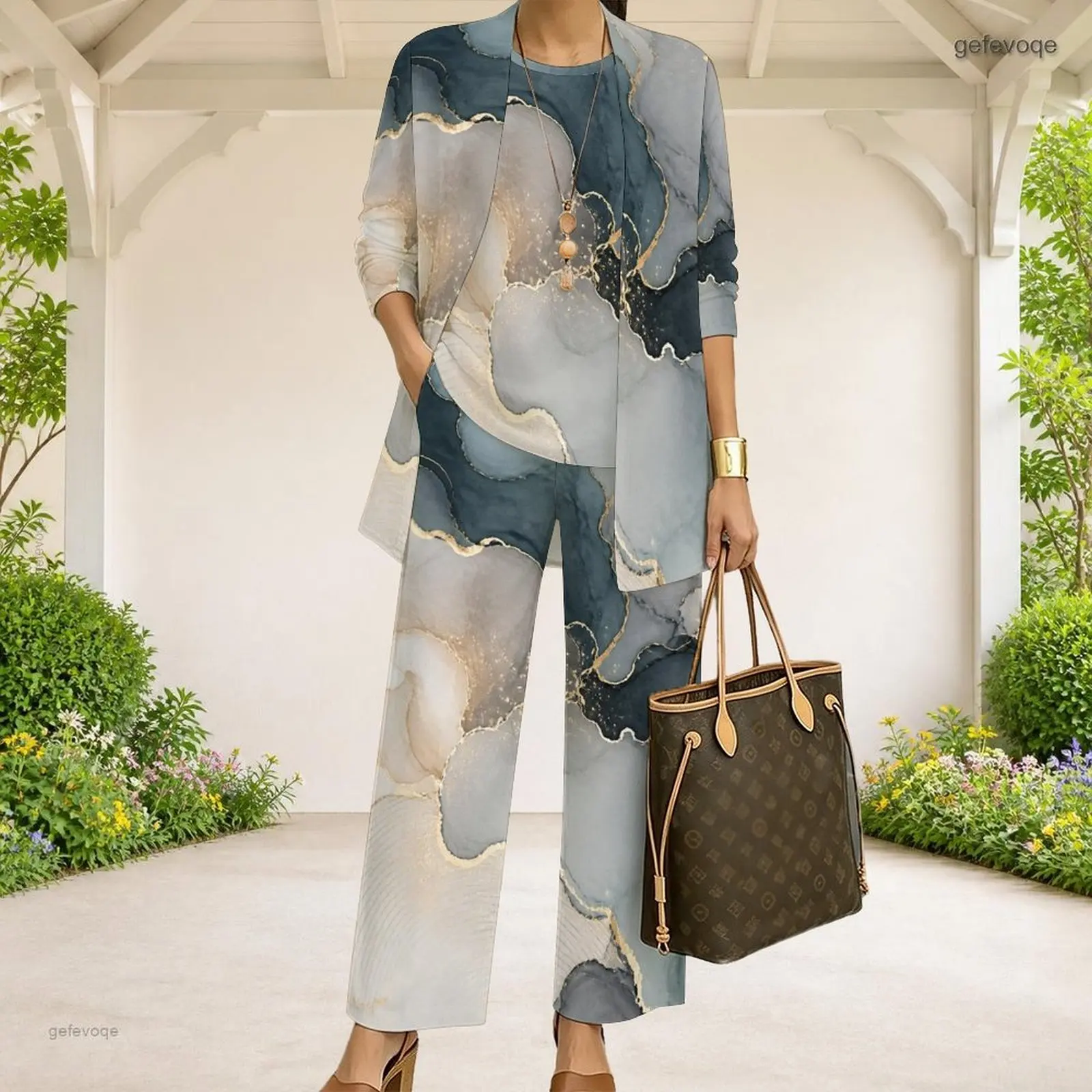 Women Abstract Printed Three Piece Pants Set 3/4 Sleeve Open Cardigan Matching Top Long Pants view 6