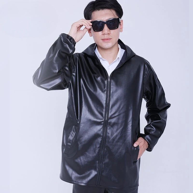 

Men's PU Leather Jacket Pants Set with Hood Oil Water Resistant Workwear for Riding Outdoor Activities Spring Autumn Wear​