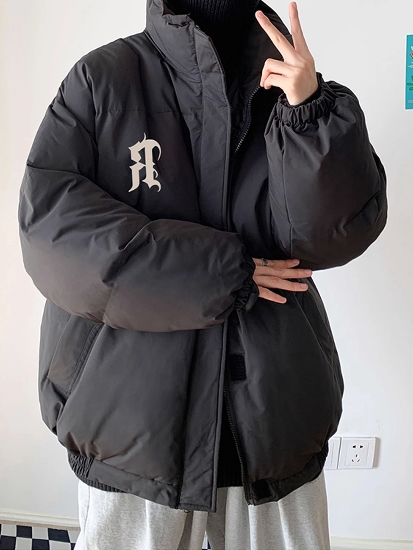 

Loose Fit Men's Cotton Jaet Winter Thi Warm Printed Bread Sle Casual Outerwear Long Sve Stand Collar Stand Length