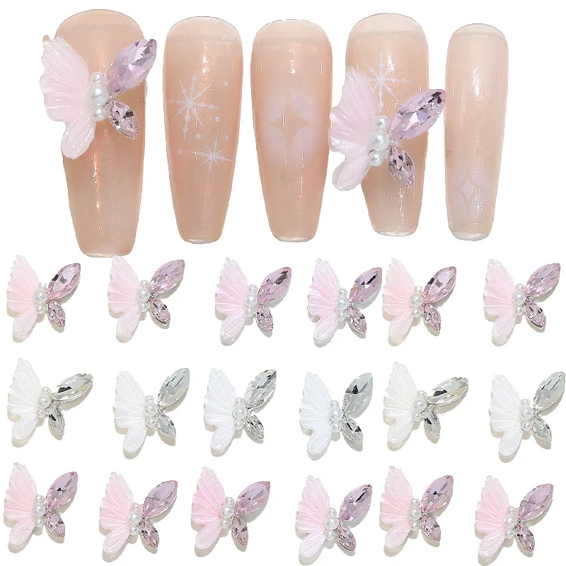 5 Stück glänzende Spleiß Schmetterling rosa weiß Marquise Diamant Flügel Perle Körper Legierung Nail Art Strass Dekorationen Maniküre Charms