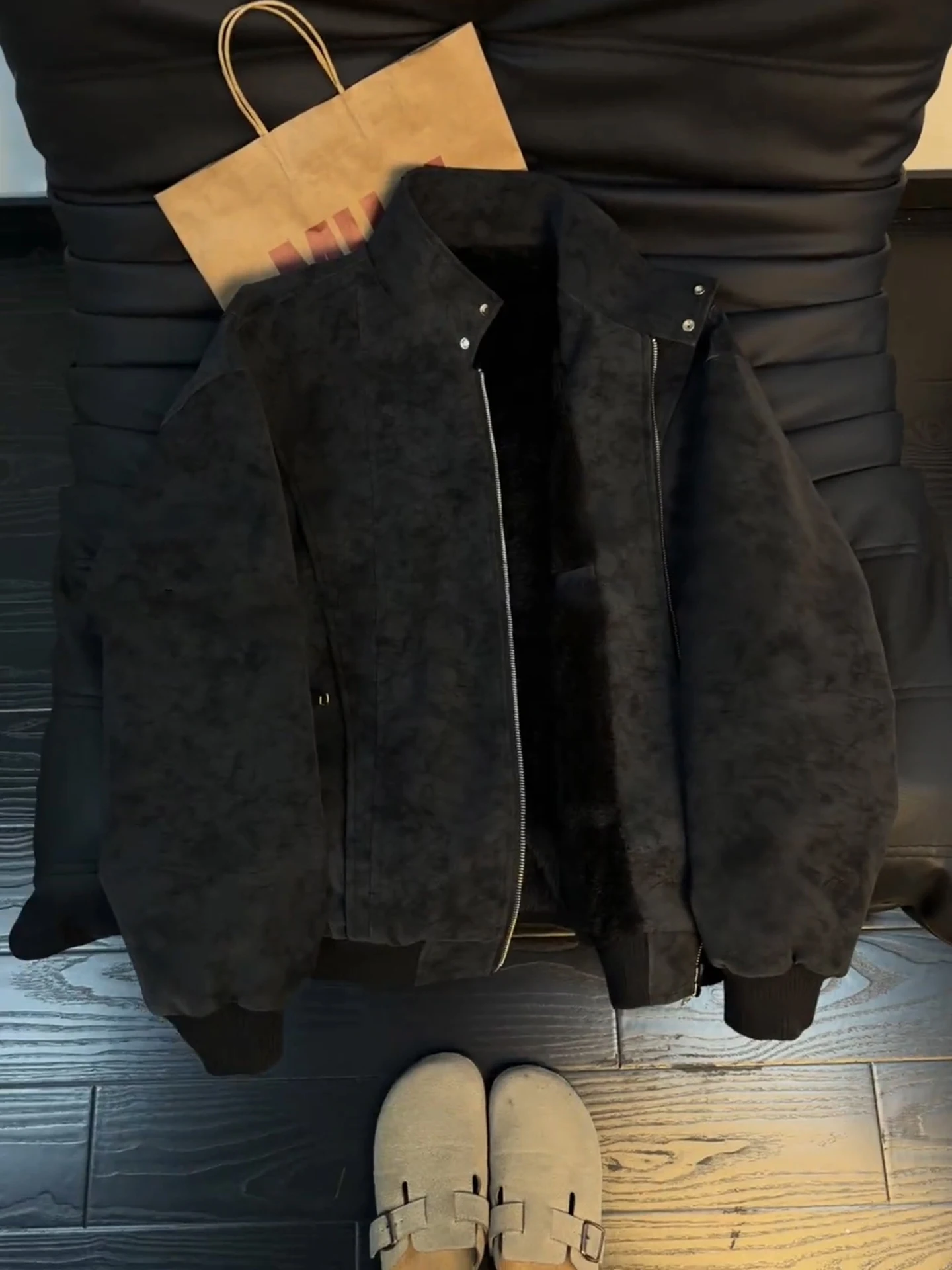 

Bla American Sle Thiened PU Leather Jaet Cotton Workwear for Men Winter Warm Stand Collar Inteated Fur Velvet Coat