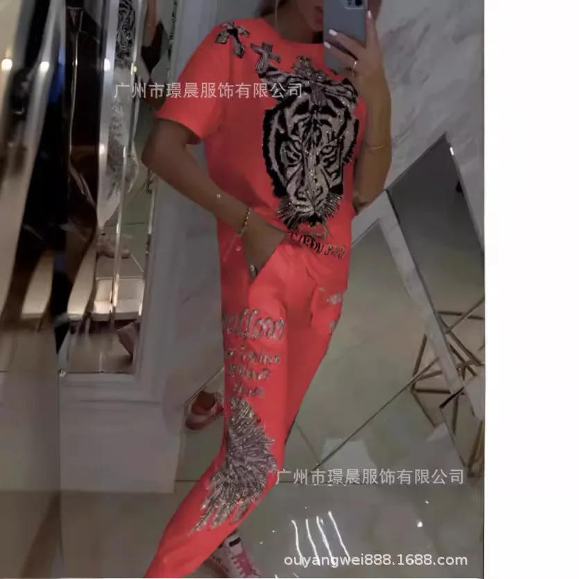 Primavera feminino terno impressão o pescoço manga curta topo rendas até calças compridas ternos feminino novo casual elegante na moda roupas das senhoras