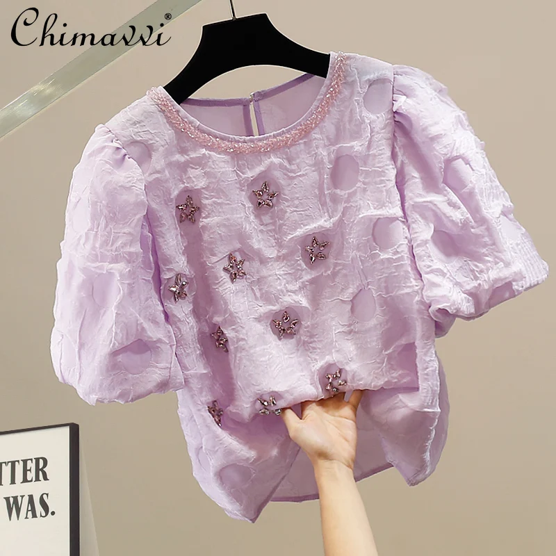 

Elegant Fashion Heavy Diamond Jacquard Crew Neck Bubble Sleeve Short Sleeve Shirt 2025 Summer New Sweet Girl Loose Blouse Tops