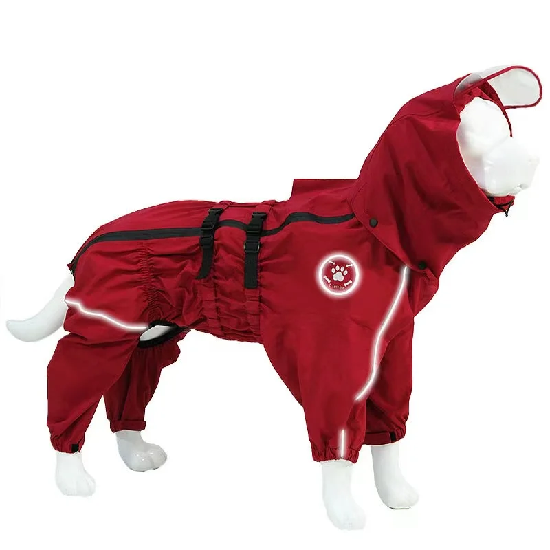 Dog Rain Coat Hooded Detachable Dog Raincoat Waterproof Dog Jump Suit Adjustable Dog Rain Jacket Reflective Large Dog Clothes