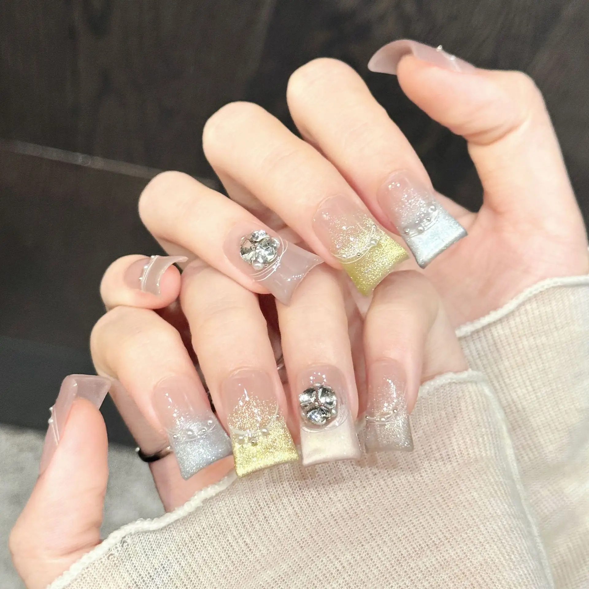 10pcs Handmade Duckbilled Press On Nails Macaron Gradient Color Cat Eyes Design Fake Nails Sweet Korean False Nail Patches