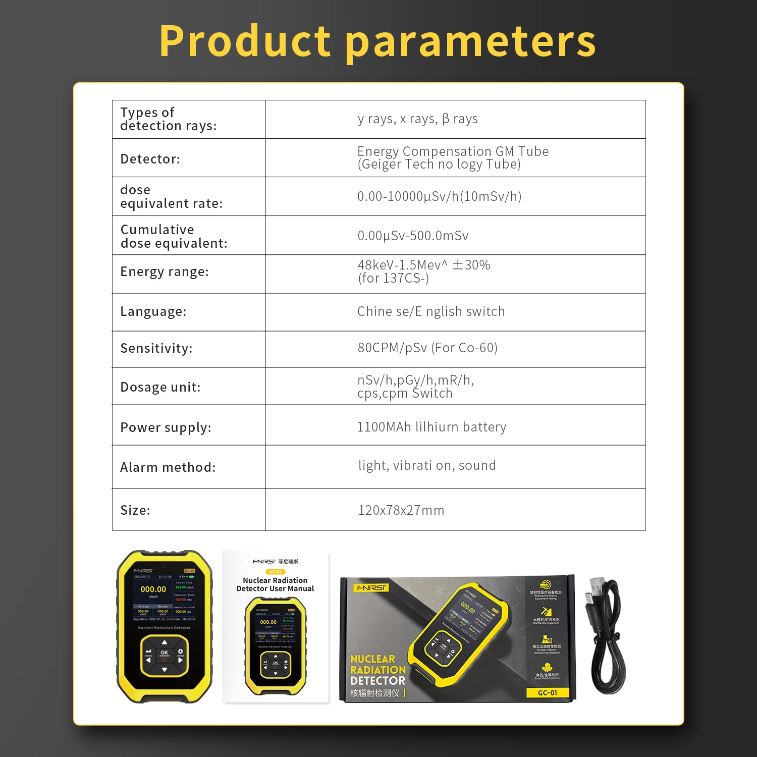FNIRSI GC-01 Geigerzähler Nuklearer Strahlungsdetektor Röntgen-Beta-Gamma-Detektor Dosimeter Y-Ray β-Ray Radioaktiver Tester – Detail 17