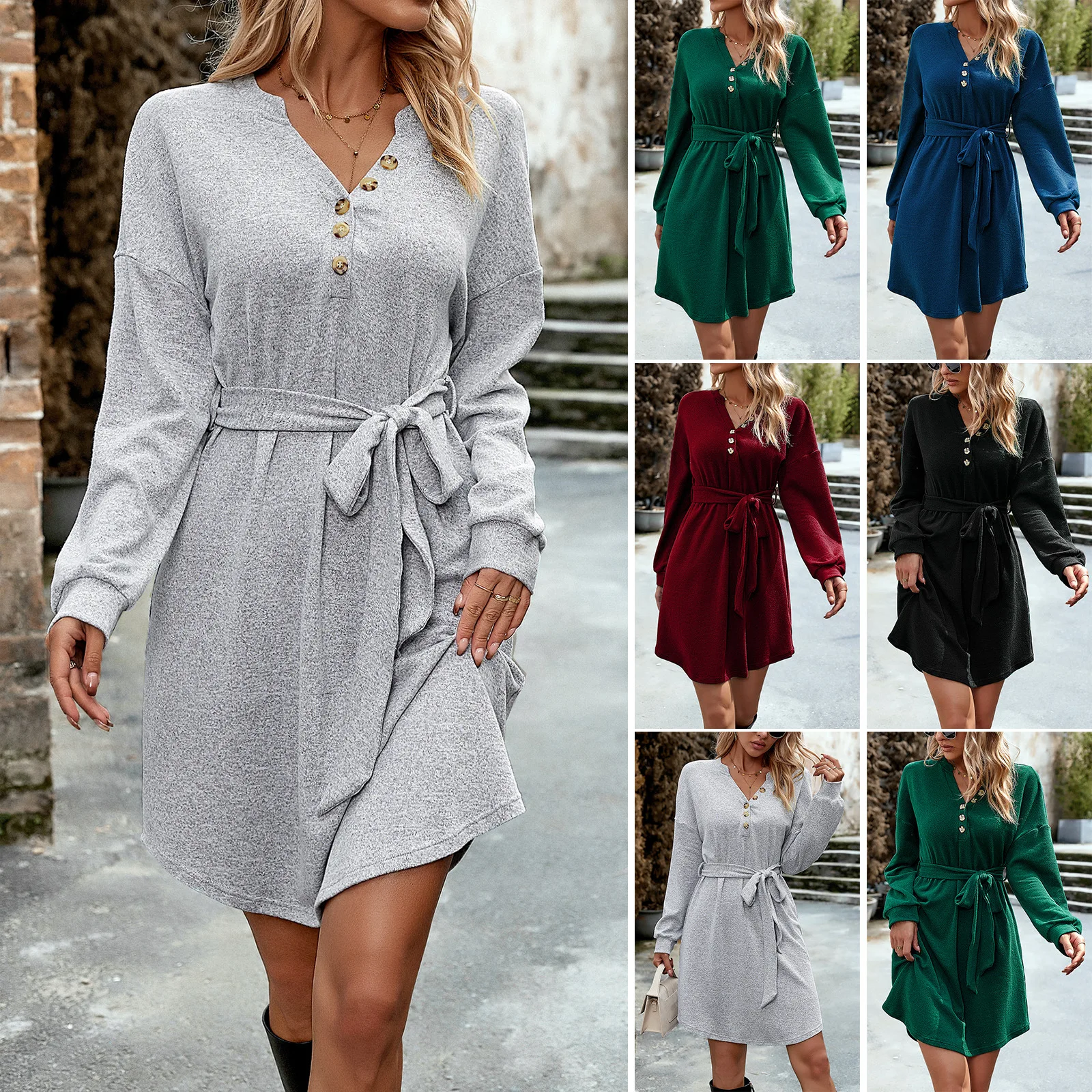 

Women's Solid Color Long Sleeve Button V-neck Knitted Short Skirt 2024 Autumn/Winter
