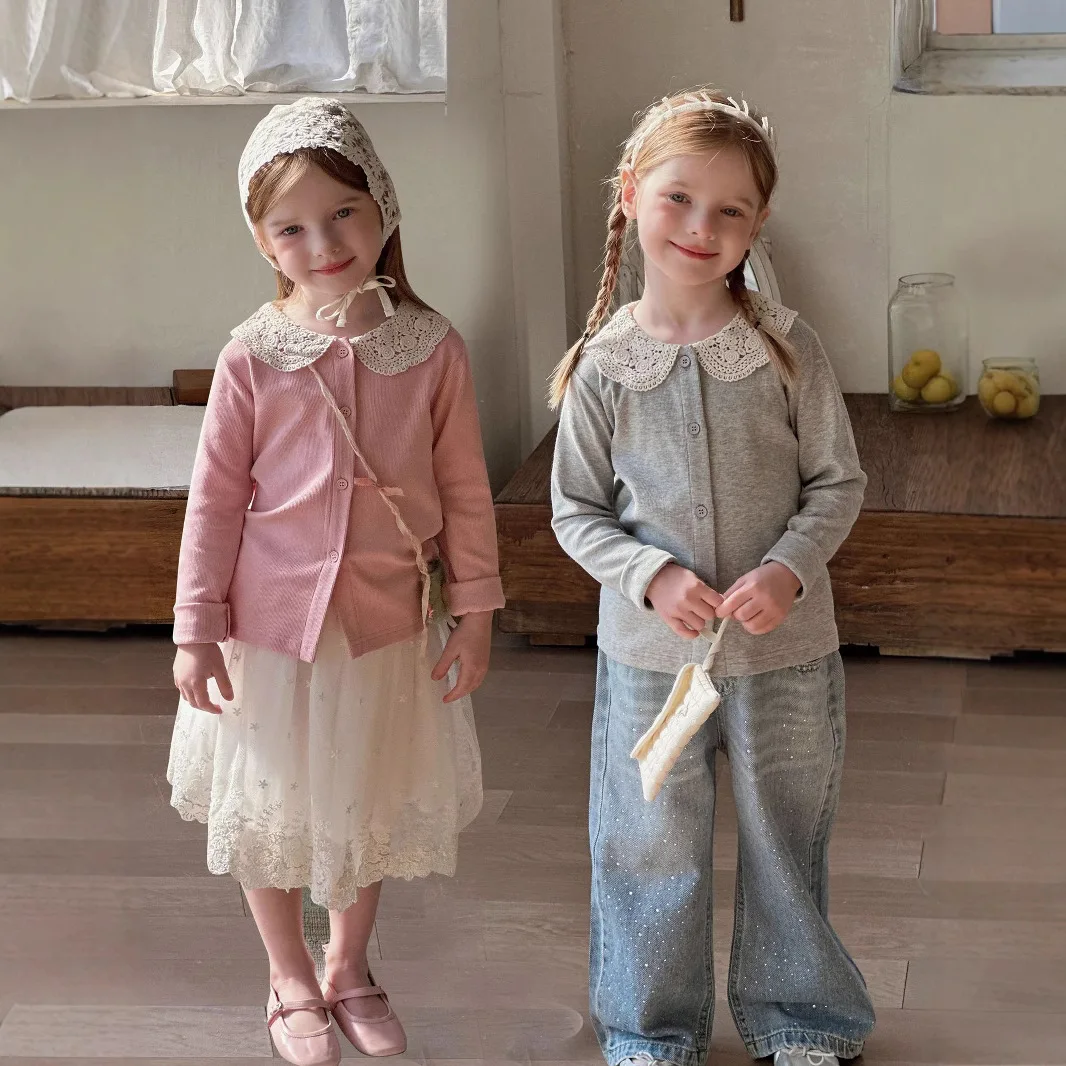 

UNITIM Girls Lace Collar Shirt Spring Autumn Childrens Sweet Girls Ribbed Cotton Top Buttons Solid Kids Girls Thin Coat