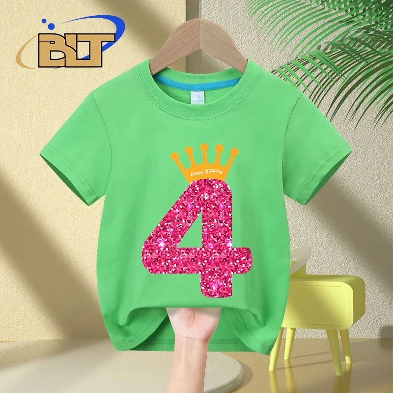 Happy Birthday Girls 4th Birthday Party Kids t-shirt Summer children's Cotton manica corta Casual Tops