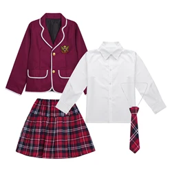 Girls Japanese British Style School Uniform Outfit Party Anime Cosplay Costume Long Sleeve Jacket Coat+Shirt+Tie+Mini Skirt Set