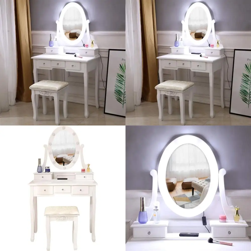 

Белый современный туалетный столик с одним зеркалом и ящиками для хранения, в комплекте с мягким стулом для спальни или косметического стола.