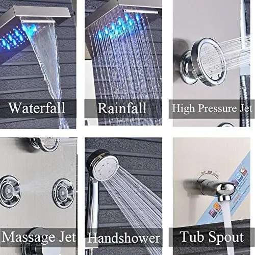 Multi-Function Shower Panel wall mounted 6 Modes Rain Massage Shower System with LED Rainfall Waterfall Bathroom Shower Tap