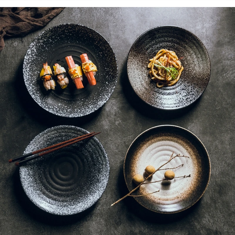 Originality Ceramics Pan Japanese Style Meal Plate Household Concise Dish Black Breakfast Disc Snack