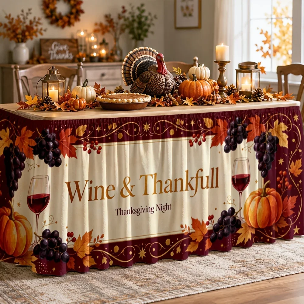 One-piece harvest table skirt, suitable for weddings, birthdays, baby shower parties - autumn vineyard grapes